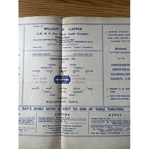 65 - 1947/48 Shrewsbury Town v Wellington Town, midland League, Staple coming loose.