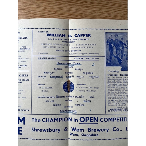 66 - 1949/50 Shrewsbury Town v Scarborough, Writing on cover and in centre pages.