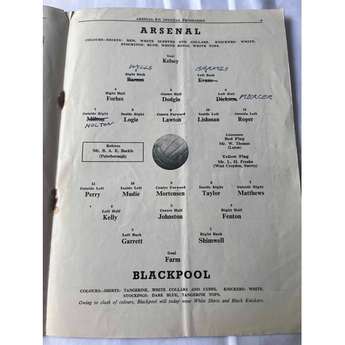 94 - 1953 Charity Shield, Arsenal v Blackpool, team changes and tear on top of cover.