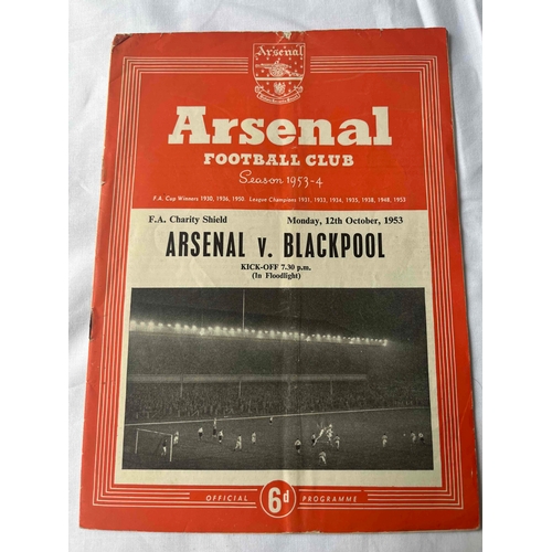 94 - 1953 Charity Shield, Arsenal v Blackpool, team changes and tear on top of cover.