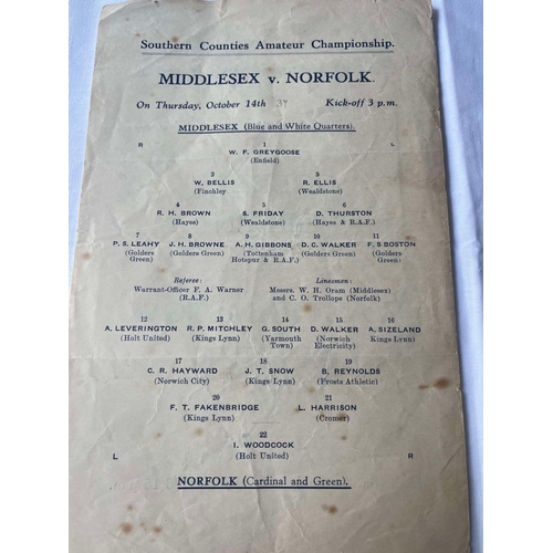 99 - 1937/38 Middlesex v Norfolk, Southern Counties Amateur Football Championship, Torn cover but ok,.