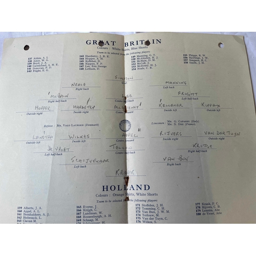 206 - 1948 Olympic Games Great Britain v Holland at Arsenal. Punch holes on top of programme and Team chan... 