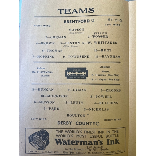 249 - 1945/46 Brentford v Derby, Football League South. Good condition, Score inside and TC