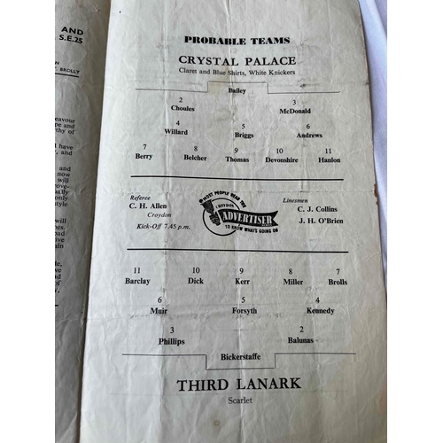 325 - Crystal Palace v Third Lanark, Floodlight Football Match, Creased and small hole in cover,