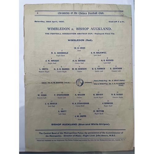 432 - 1935 at Chelsea, Wimbledon v Bishops Stortford, FA Amatuer Cup Final Replay, very rare item,