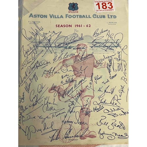 183 - 1961/62 Aston Villa Autograph sheet on Villa printed paper