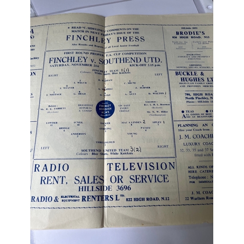 6 - 1953/54 Finchley v Southend Utd, FA Cup First Round proper. Good condition, writing on cover.