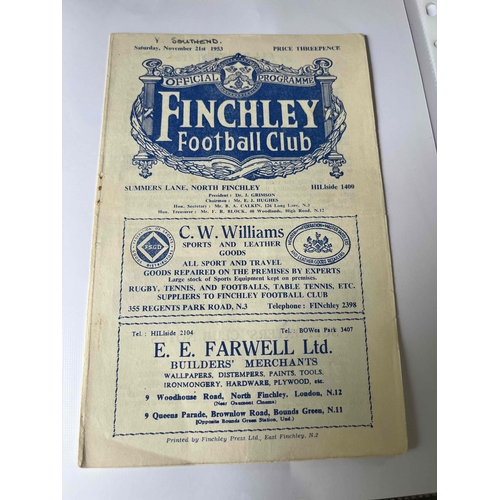 6 - 1953/54 Finchley v Southend Utd, FA Cup First Round proper. Good condition, writing on cover.