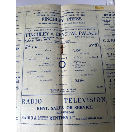 7 - 1952/53 Finchley v Crystal Palace, FA Cup Abandoned game and played again 4 days later. Team changes... 