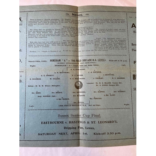 90 - 1932/33 Horsham 'A' v 18th Field Brigade R.A., Sussex intermediate Cup Semi final. Played at Hayward... 