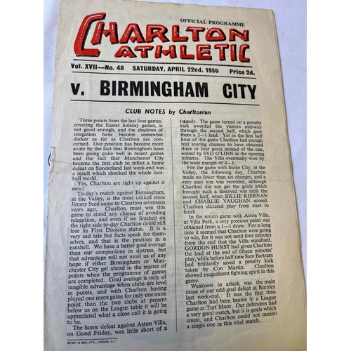 92 - 1949/50 Charlton v Birmingham City, Team changes in pencil, Good condition