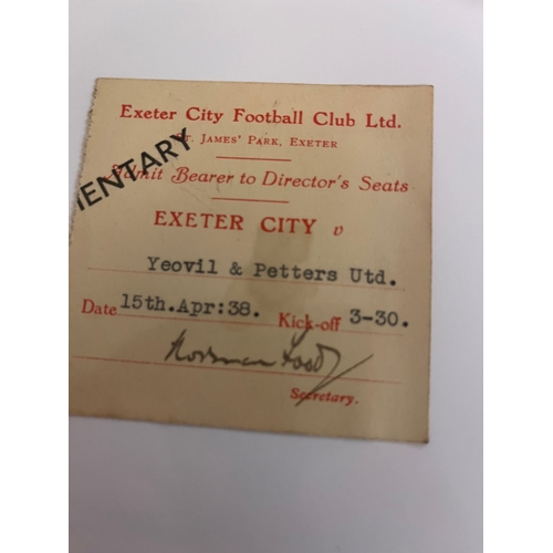 158 - 15/04/1938 Ticket - Exeter City Reserves v Yeovil & Petters United, Directors Complimentary Ticket. ... 