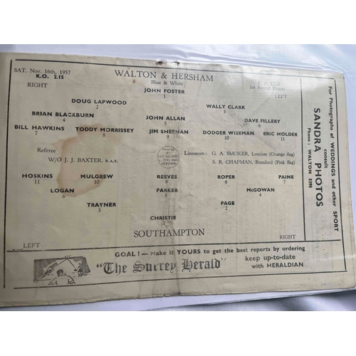 161 - 1957/58 Walton & Hersham v Southampton, FA Cup 1st Round proper, Stain in middle page and crease.