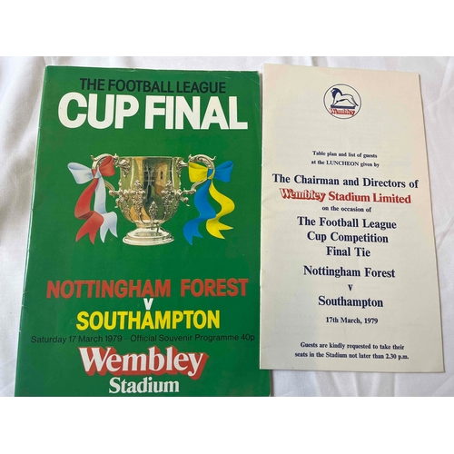 192 - 1979 Football League Cup Final + Menu (Rare), Nottingham Forest v Southampton. Good condition.