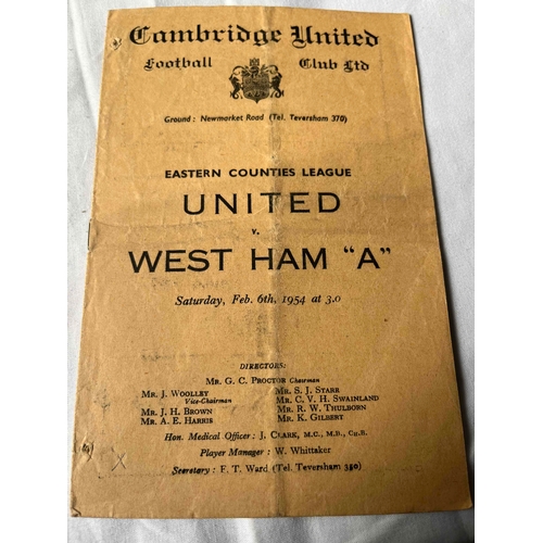 203 - Cambridge United V West Ham United 'A', 1953/54, Eastern Counties League. Creased and has 2 Small Pi... 