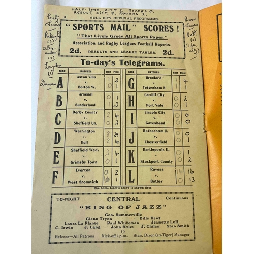 213 - 1930/31 Hull City v Doncaster Rovers, Rusty staple, TC in pencil, annotations on inside of back cove... 