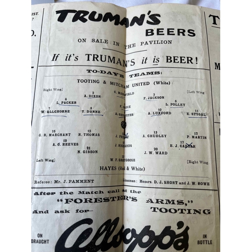 246 - 1938/39 Tooting & Mitcham v Hayes, Good condition but for small rectangle piece missing.