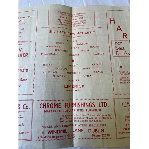 259 - 1954/55 St Patricks Athletic v Limerick , Programme creased, Good condition