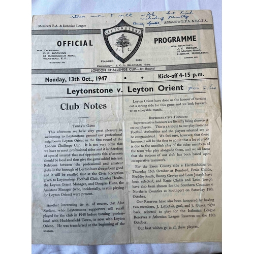 289 - 1946/47 Leytonstone v Leyton Orient, London Challenge Cup 1st Round, Writing on front, Team changes ... 