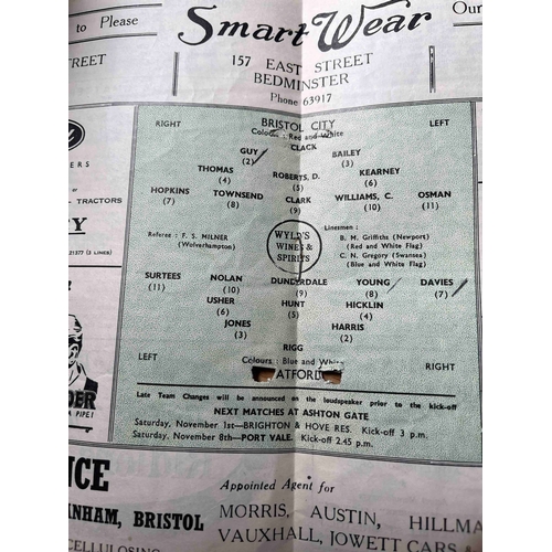 410 - 1947/48 Bristol City v Watford, Hole going through programme, Pencil marks in middle pages.