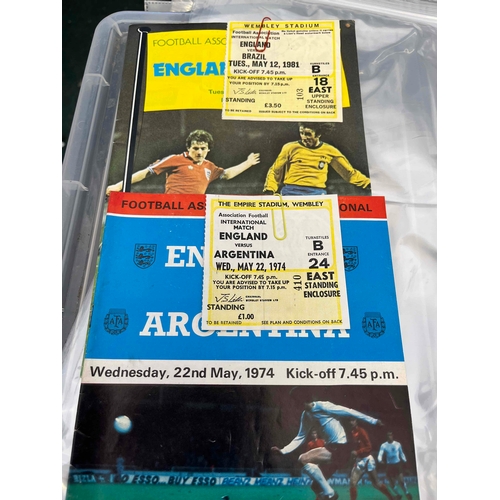 416 - 6 x England programmes with Tickets, East Germany 1970 (Creased) Argentina 74, Portugal 75, West Ger... 