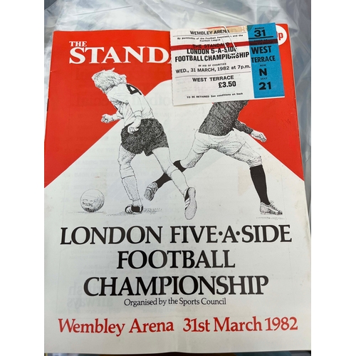 417 - London 5 a Side Championship 1982 with ticket. Creased and scores written in, Fulham won.