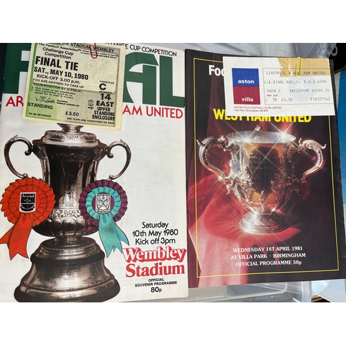 418 - 1980 FA Cup Final programme(CR) and Ticket, 1981 league Cup Final Programme and Ticket (Stained top ... 