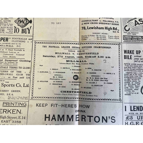 185 - Pre-War Football Programme; 1938/9 Millwall v Chesterfield, programme has a small corner off back co... 