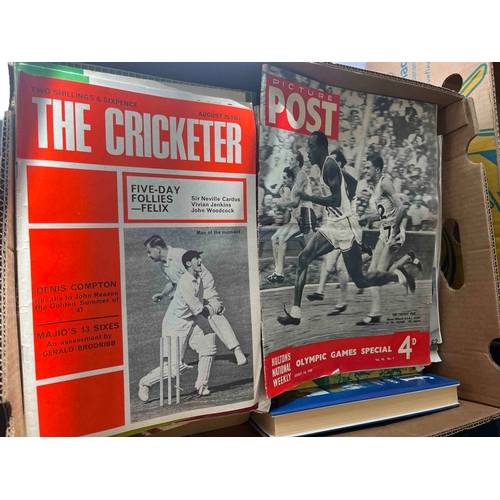 598 - Banana box of non football sport, including Boxing, Tennis and Cricket, This box is too heavy to pos... 