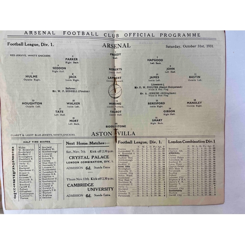 73 - PRE-WAR Football Programme; 31/10/1931 ARSENAL v Aston Villa (slight creasing) (1)