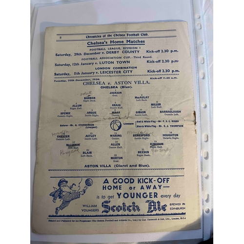 52 - 1934/35 Chelsea v Aston Villa, creased along middle, Team changes in pencil, Rusty staple.