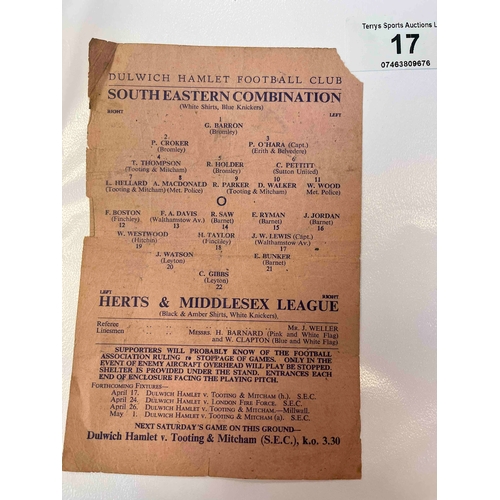 17 - 1942/43 Inter League Match at Dulwich Hamlet, South Eastern Combination v Herts & Middlesex League. ... 