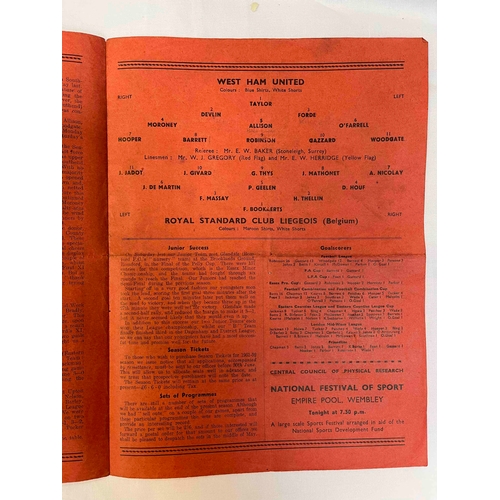 211 - 1950/51 West Ham United v Standard Liege, Festival of Britain, Creased middle of programme, clean in... 