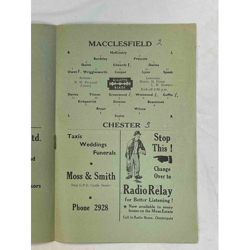 264 - 1948/49 Macclesfield v Chester, Cheshire county League, Score on front, Scorers marked in middle.