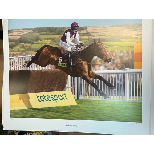 276 - 4 x Horse Racing prints, Kicking King 19 1/2 x 23 inches, Dunfermline signed by Willie Carson 22 inc... 