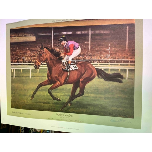 276 - 4 x Horse Racing prints, Kicking King 19 1/2 x 23 inches, Dunfermline signed by Willie Carson 22 inc... 