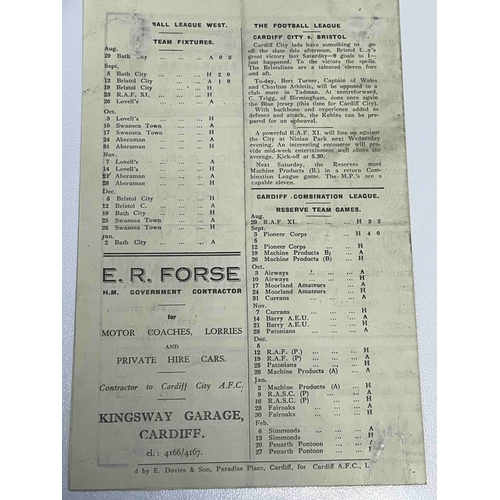 80 - WAR TIME 1942/43 Cardiff City v Bristol City, Football league West. Good condition but for a few rep... 