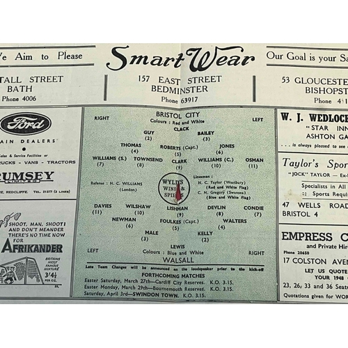 141 - 1947/48 Bristol City v Walsall, Missing staple has left a small hole, Fair condition