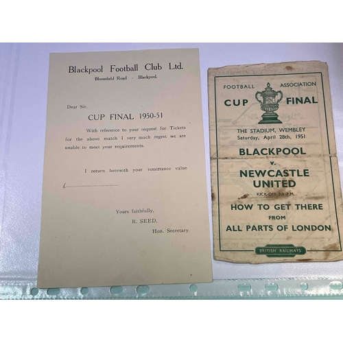 210 - 1951 FA Cup Final, Blackpool related epherema, Blackpool headed Dear Sir letter of regret of no tick... 