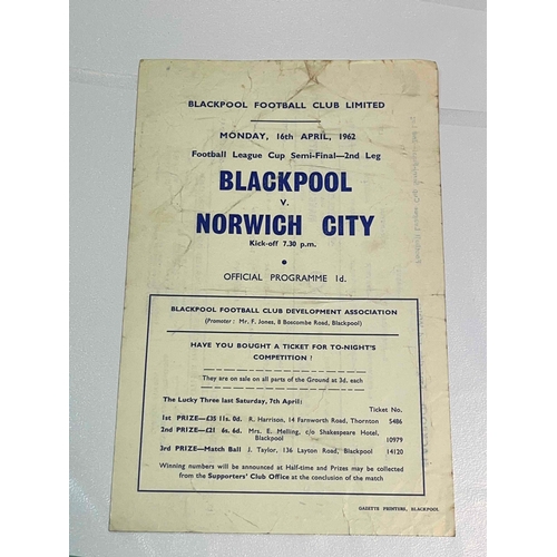 235 - 1963 League Cup Semi Final Blackpool v Norwich City, S/S TC, score, marks on front but very rare