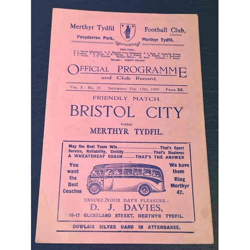 256 - 1948/49 Merthyr Tydfil v Bristol City, Friendly. Great condition.