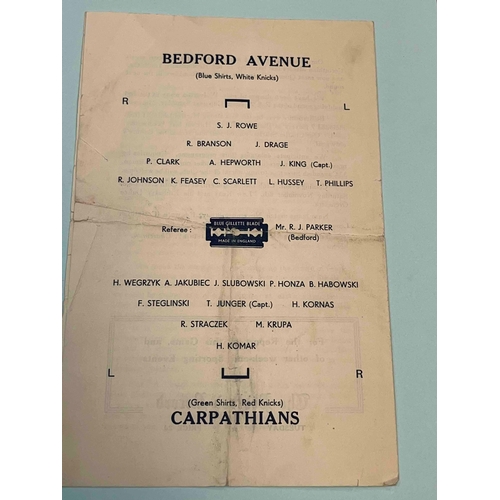 646 - 1947/48 Bedford Avenue v Capathians (Polish FC) Friendly. Middle crease has tear.