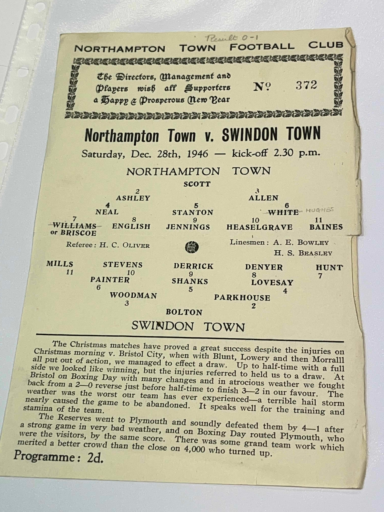 1946/47 Northampton Town Reserves v Swindon Town Reserves , Dated 28th ...