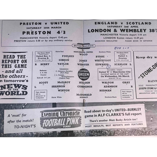 142 - 1954/55 Manchester United v Burnley, Geoff Bents debut. Score noted inside. Good condition