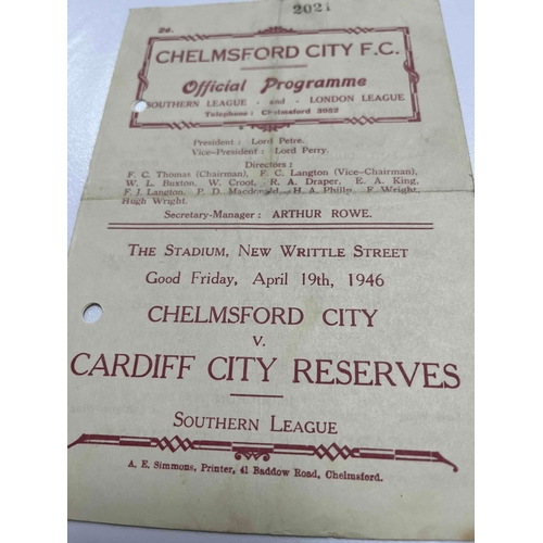 14 - 1945/46 Chelmsford City v Cardiff City Reserves dated 19/4/46 Southern league Fixture. Folded. PH, T... 