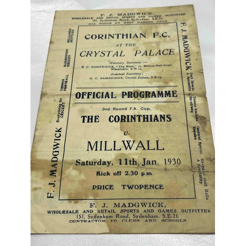 12 - 1929/30 at Crystal Palace. Corinthians v Millwall. FA Cup 3rd Round Stained and creased with team ch... 