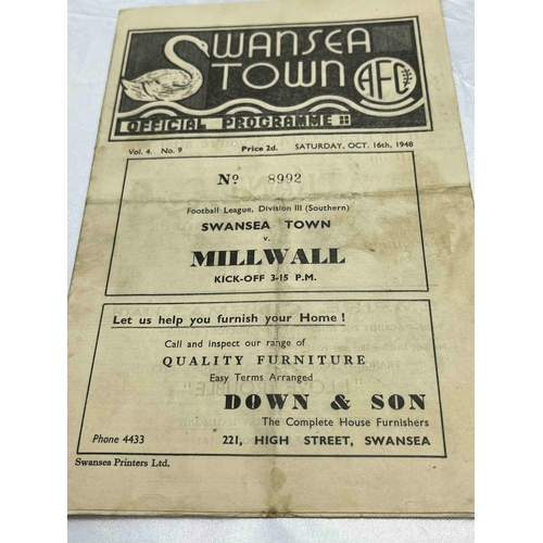 70 - 1948/49 Swansea Town v Millwall, folded, stain and creased cover, TC