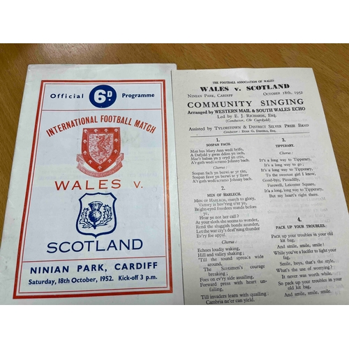 179 - 1952 Wales v Scotland, includes Songsheet, at Ninian Park. Great condition