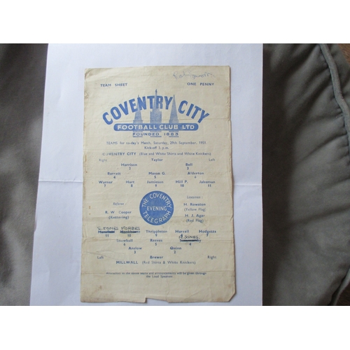 128 - Coventry Reserves v Millwall Res 29/9/1951 , single sheet (fold, slcr, grubby back)