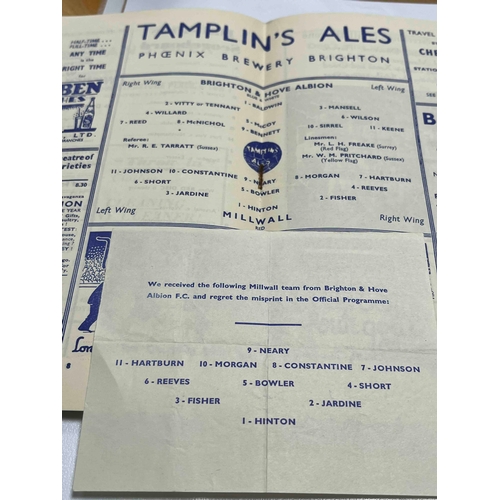 43 - 1951/52 Brighton & Hove Albion v Millwall, No TC, Includes rare insert with updated Team sheet becau... 